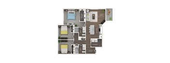 A floor plan of a small apartment with three bedrooms, a living area, kitchen, and bathrooms.