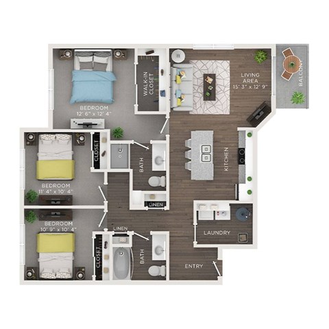 A floor plan of a small apartment with three bedrooms, a living area, kitchen, and bathrooms.