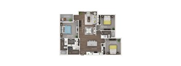 A floor plan of a small apartment with three bedrooms, a living area, a kitchen, a laundry room, and a balcony.