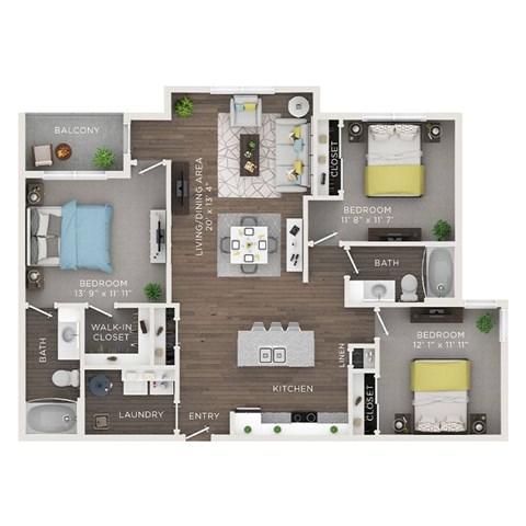 A floor plan of a small apartment with three bedrooms, a living area, a kitchen, a laundry room, and a balcony.