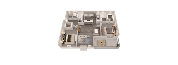 A 3D floor plan of a house with a living room, kitchen, dining room, and two bedrooms.