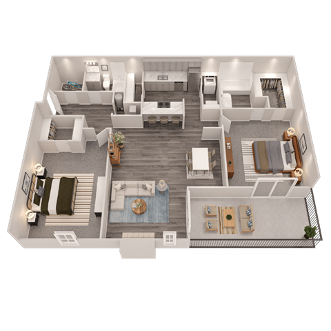 A 3D floor plan of a house with a living room, kitchen, dining room, and two bedrooms.