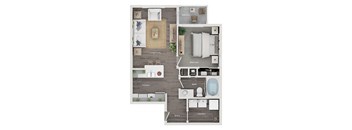 A floor plan of a house showing a living room, kitchen, bedroom, bathroom, laundry, and entry.