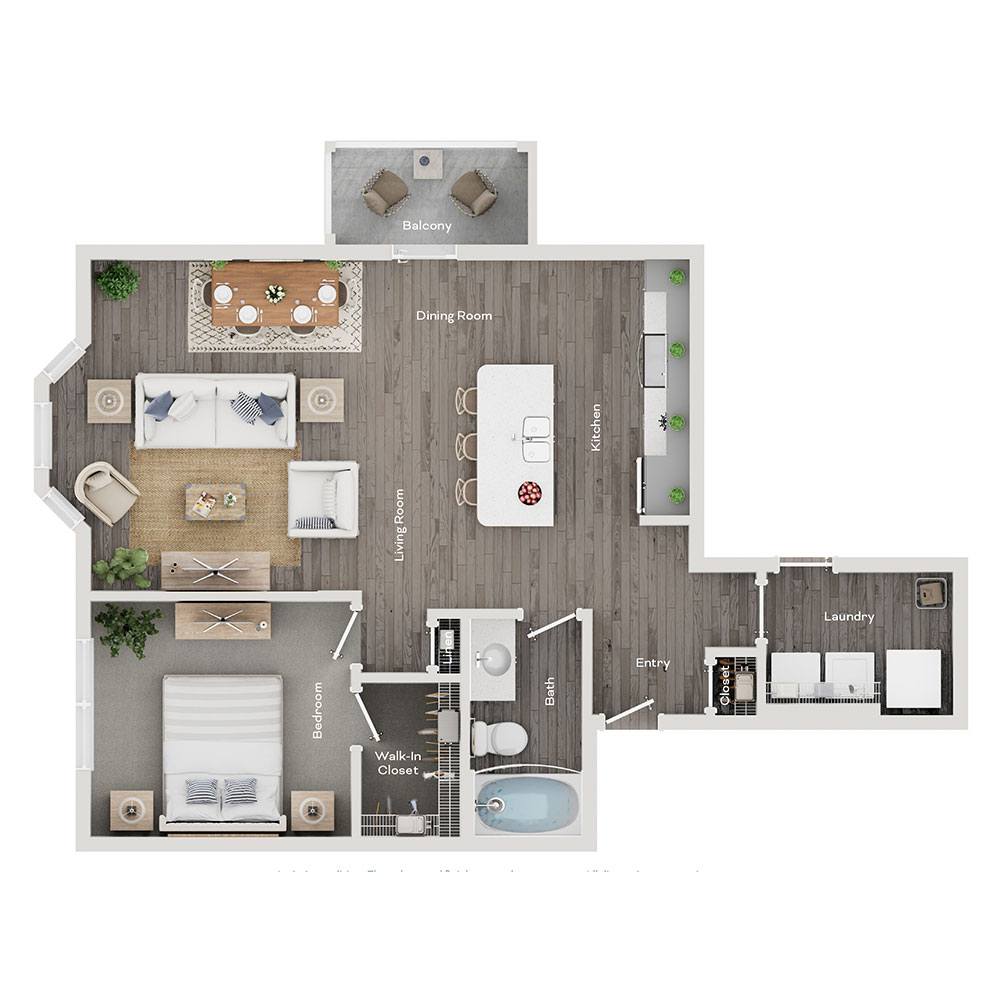 A floor plan of a house with a balcony, dining room, kitchen, laundry, and bathroom.