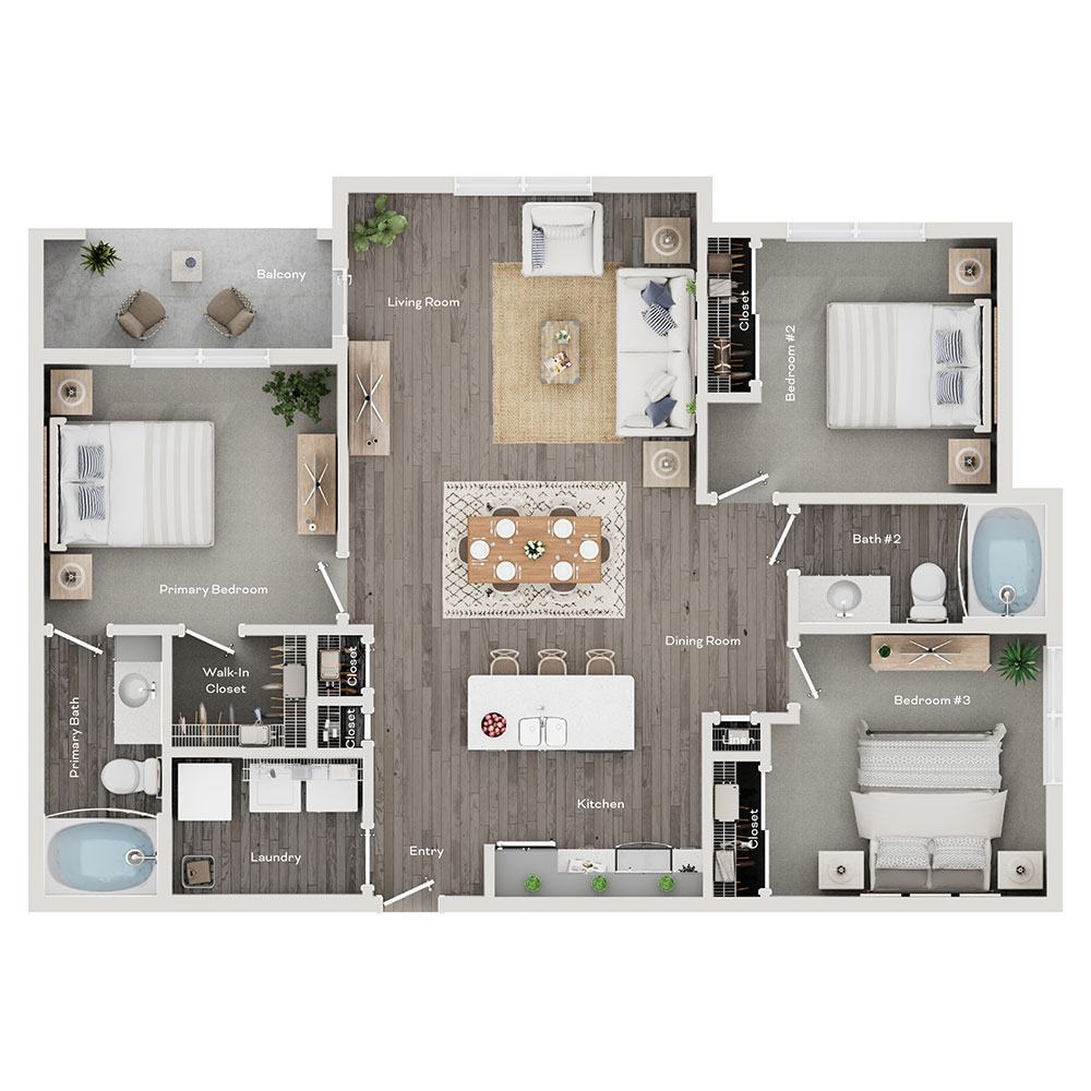 A floor plan of a house with a living room, dining room, kitchen, and two bedrooms.