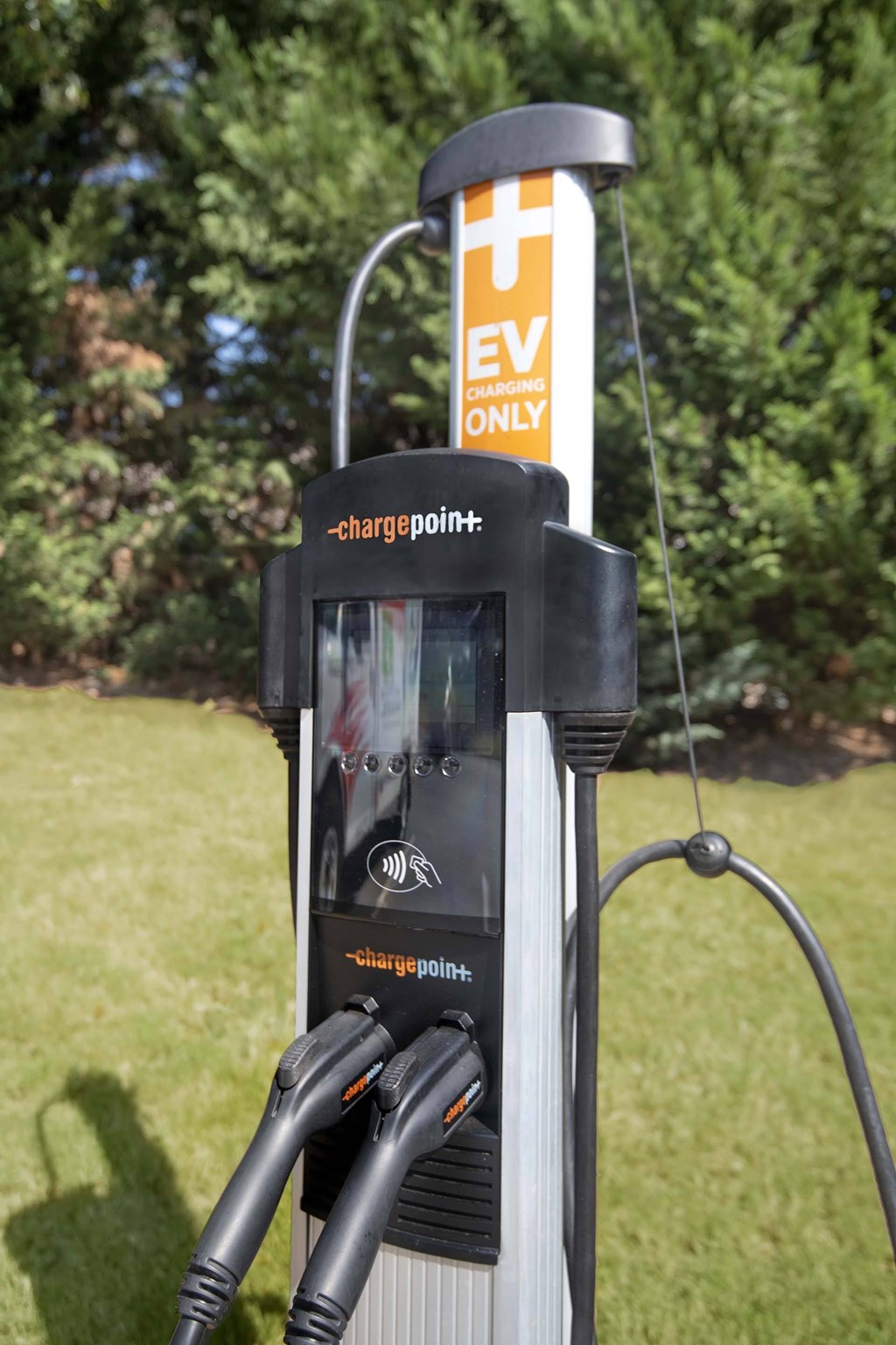 A ChargePoint station is located in a grassy area.