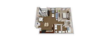 A top-down view of a well-furnished apartment.