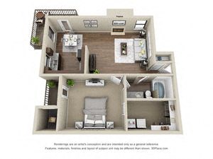 a 3d floor plan of a house with a bedroom and a balcony