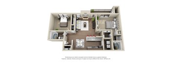 a stylized 3d drawing of a 1 bedroom floor plan with a balcony