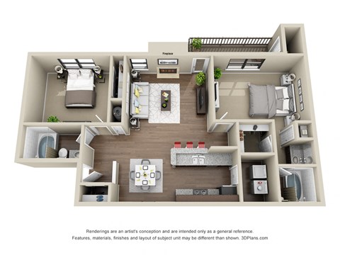 a stylized 3d drawing of a 1 bedroom floor plan with a balcony