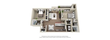 A 3D floor plan of a small apartment with a kitchen, living room, and bedroom.