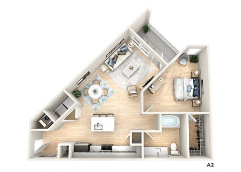 a 3d floor plan of a home with a bedroom and a living room