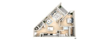 a 3d floor plan of a home with a bedroom and a living room