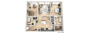 a 3d rendering of the living room and dining room of a 3 bedroom apartment