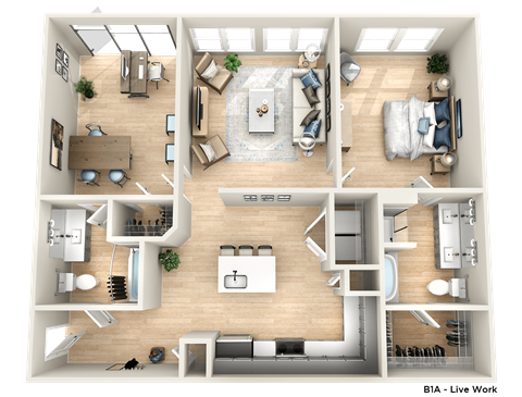 a 3d rendering of the living room and dining room of a 3 bedroom apartment
