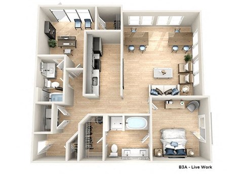 a 3d drawing of a room with a bedroom and a living room