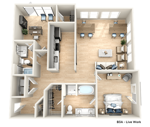 a 3d drawing of a room with a bedroom and a living room