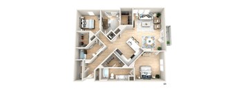 3d floor plan of a house with bedrooms and a living room