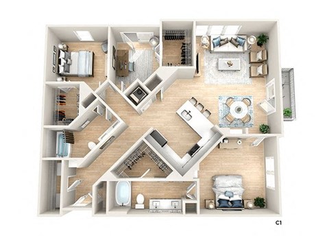 3d floor plan of a house with bedrooms and a living room