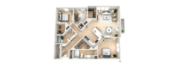 3d floor plan of a house with bedrooms and a living room