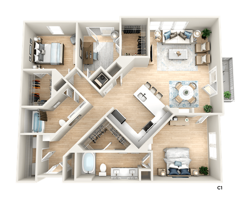 3d floor plan of a house with bedrooms and a living room