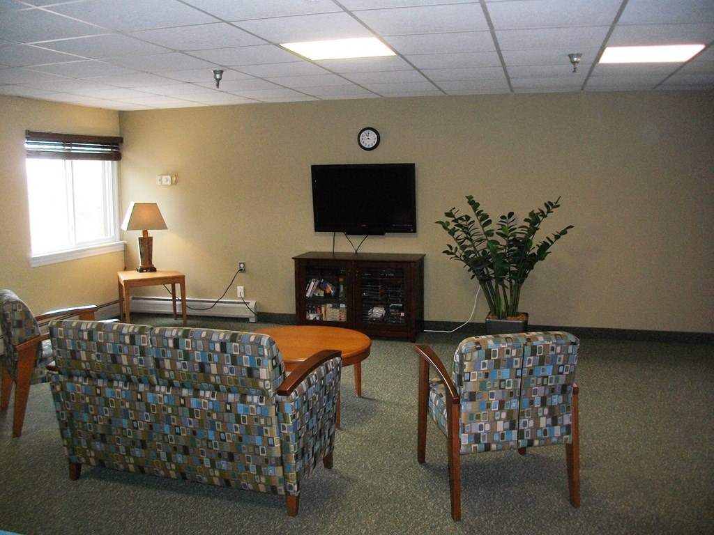 a living room with couches a table and a television