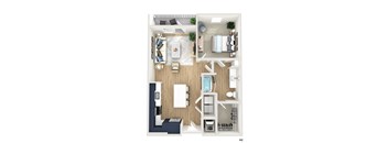A top-down view of a modern apartment layout.
