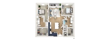 A top-down view of a well-organized apartment with a living room, kitchen, and bedroom.