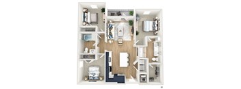 A floor plan of a house with a living room, dining room, kitchen, and bedrooms.