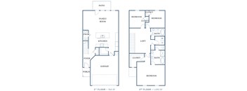 a floor plan of a two story house with a garage and a kitchen