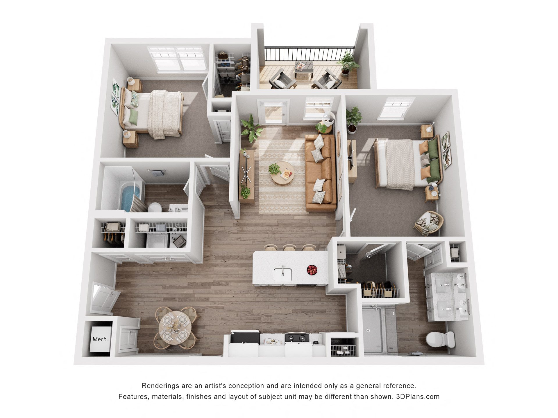 a 1 bedroom floorplan is shown in this rendering