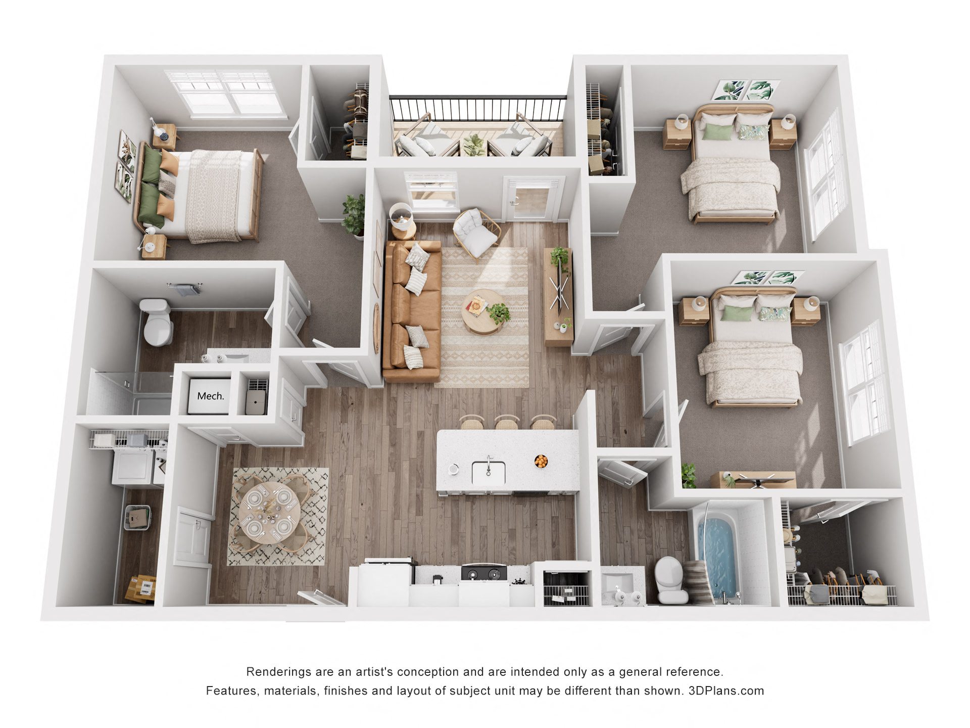 Porter apartment layout with three bedrooms and two bathrooms in West Knoxville, TN