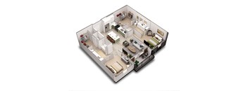 A 3D floor plan of a house with a kitchen, living room, dining room, and bedrooms.