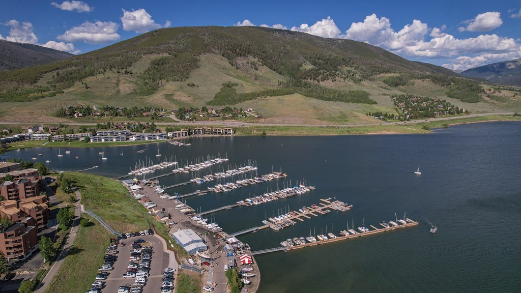 an aerial view of the marina at the lake with boats docked in it