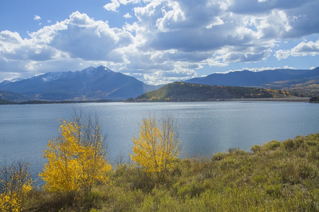 a view of a lake with mountains in the background