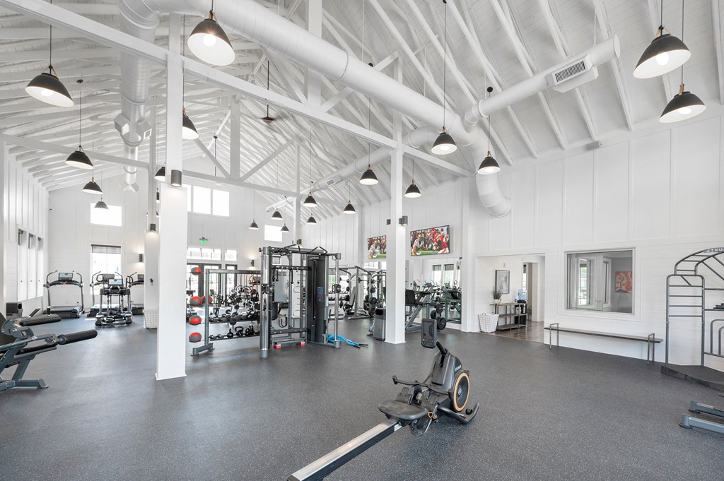 the gym with weights and cardio equipment at the renaissance apartments