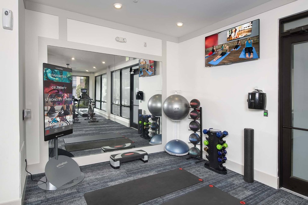 A gym room with a variety of equipment including a treadmill, exercise balls, and a yoga mat.