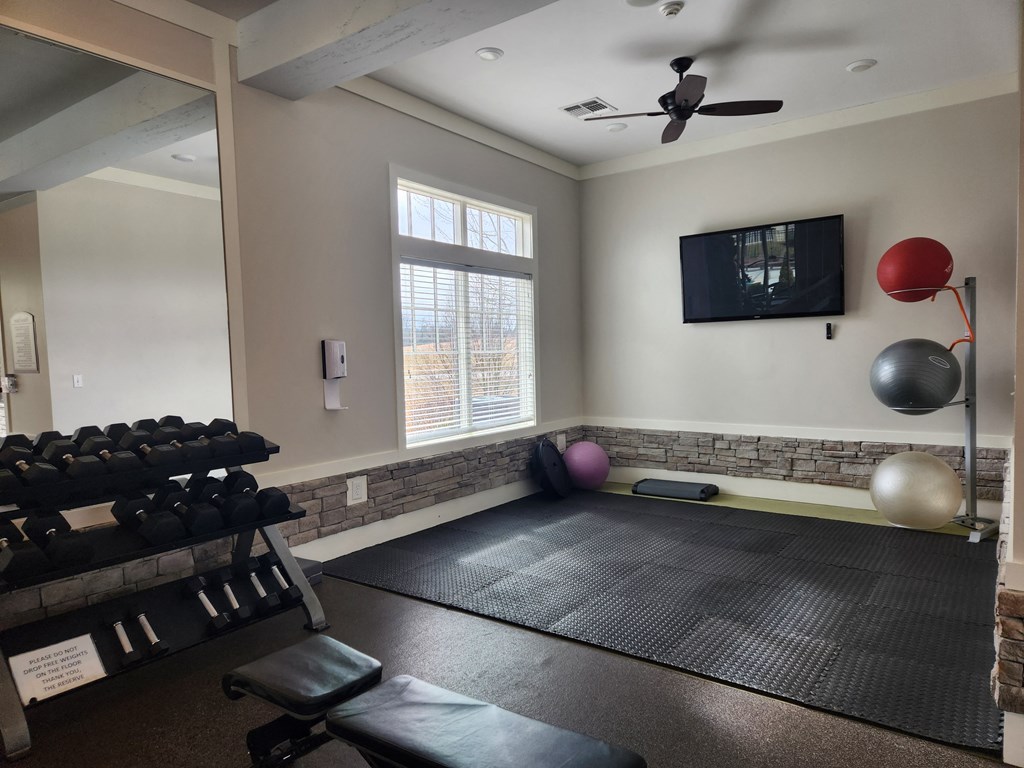 the fitness room is equipped with weights and cardio equipment