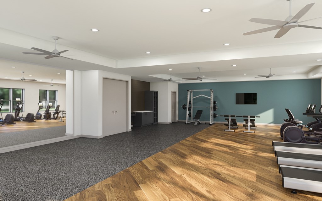 Studios, One, Two, and Three-BR Apartments in Chattanooga, TN - Populus Waterside - State-of-the-art Fitness Center with Weights, Cardio Equipment, Large Mirror, Ceiling Fans, Large Windows, and TV