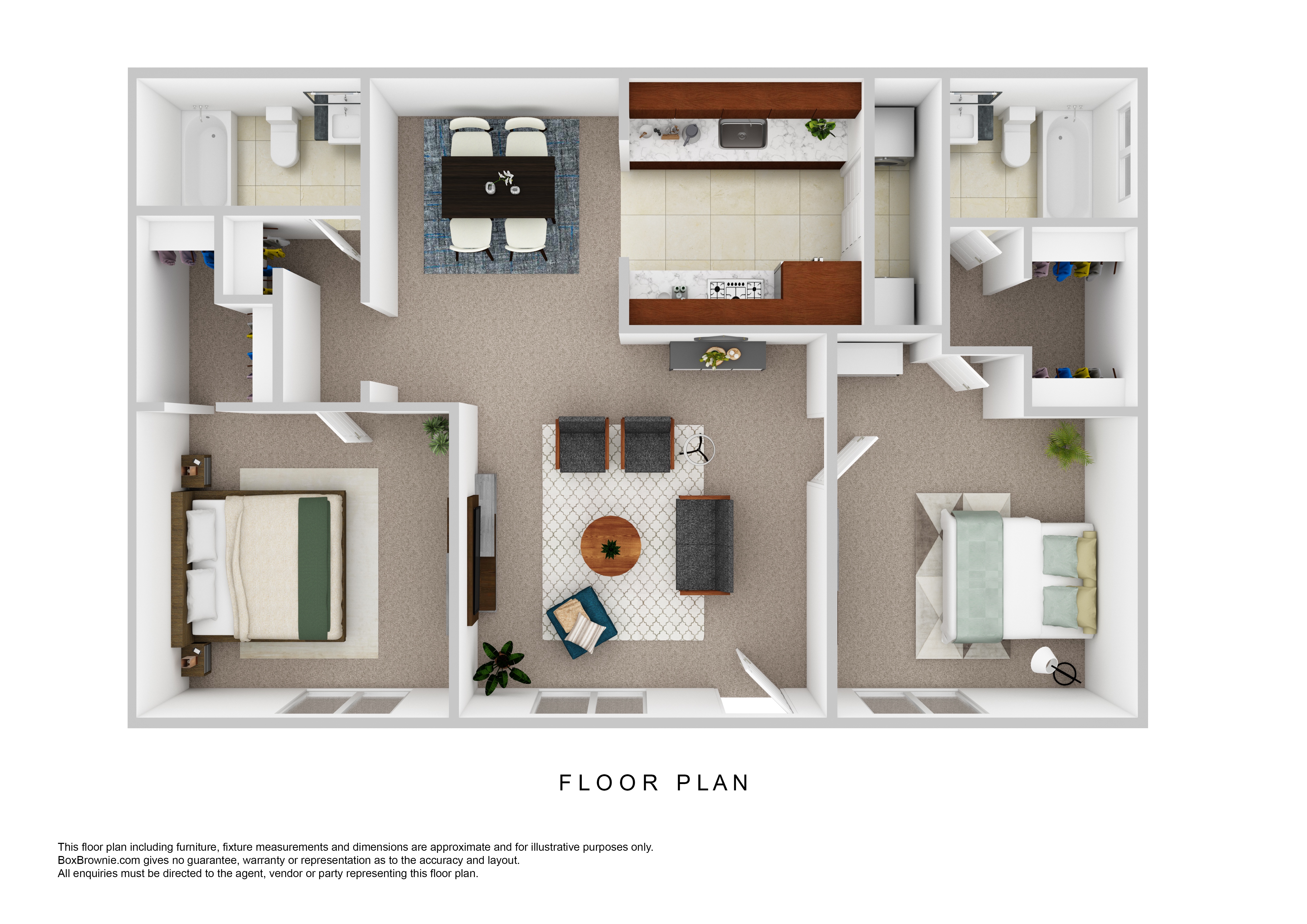 A floor plan of a house with two bedrooms, a living room, a kitchen, and a bathroom.