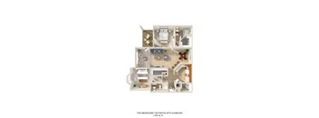 A 3D floor plan of a small apartment with two bedrooms and a sunroom.
