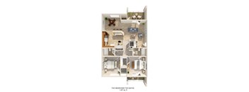 A 3D floor plan of a house with two bedrooms and two bathrooms.