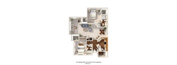A 3D floor plan of a two bedroom, two bathroom apartment with sunroom.