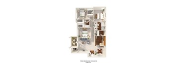 A 3D floor plan of a 1,569 sq ft apartment with three bedrooms and two bathrooms.