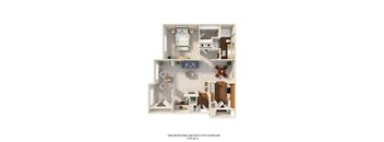 A 3D floor plan of a small apartment with one bedroom and a sunroom.