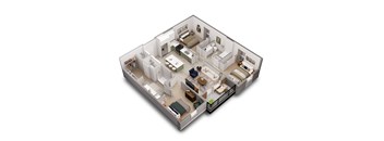 A 3D floor plan of a house with a living room, kitchen, dining room, and bedrooms.