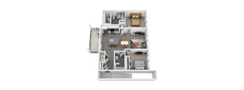 A 3D floor plan of a small apartment with two bedrooms, a living room, and a kitchen.