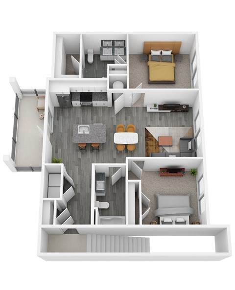 A 3D floor plan of a small apartment with two bedrooms, a living room, and a kitchen.
