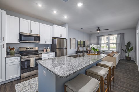 A kitchen with a granite countertop and stainless steel appliances.
