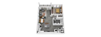 A top-down view of a small, modern apartment with a living room, kitchen, and bedroom.
